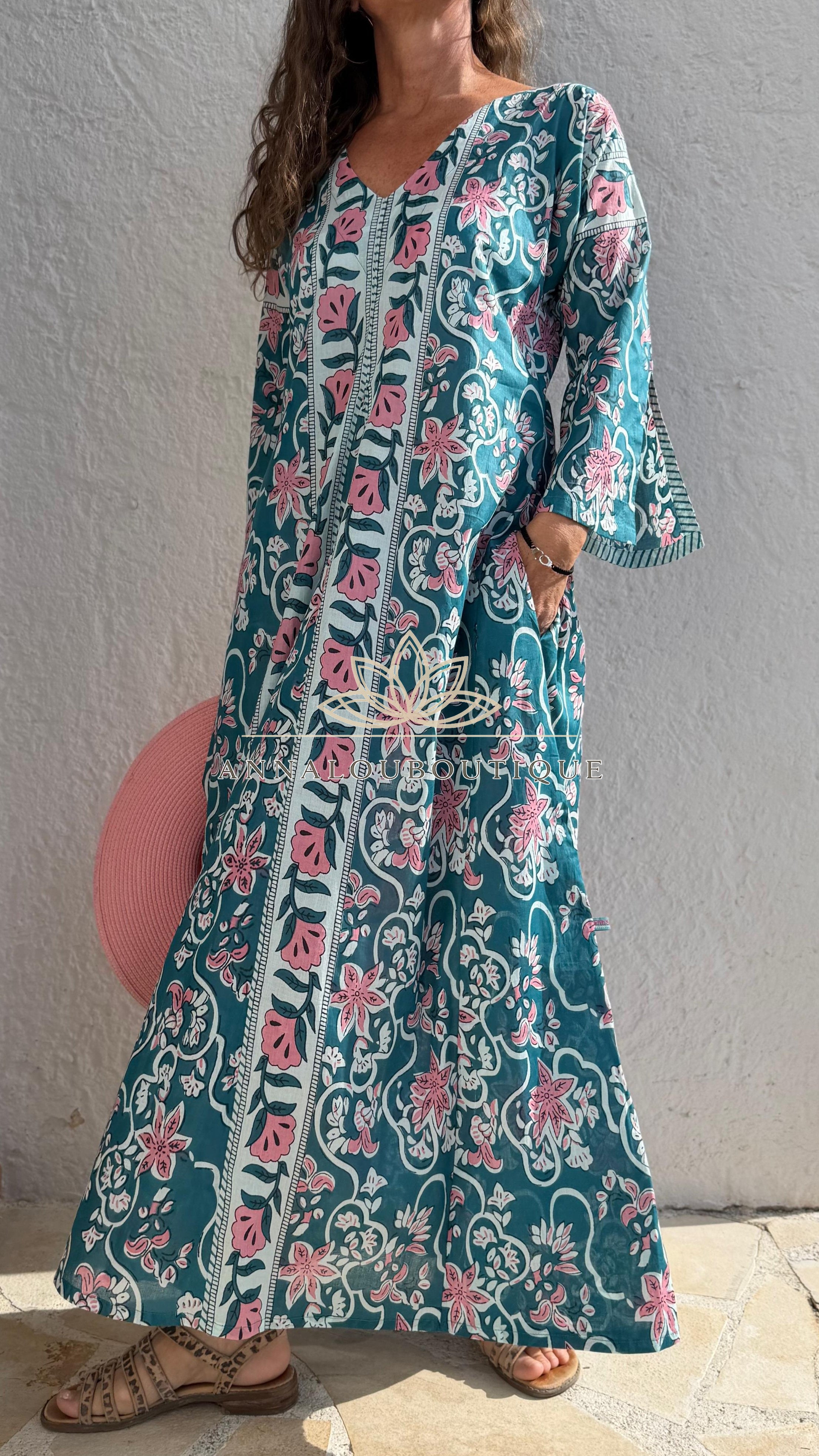 Teal & Pink Floral Cotton Kaftan – Flared Boho Maxi Dress, Soft Beach & Resort Wear Annalou Design
