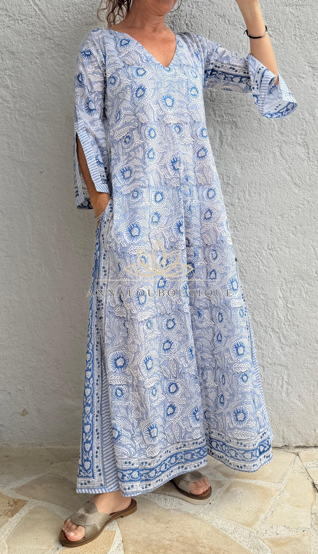 Long Soft Cotton Kaftan – Blue Floral Boho Summer Dress, Flowy Beach Resort Wear Annalou Design