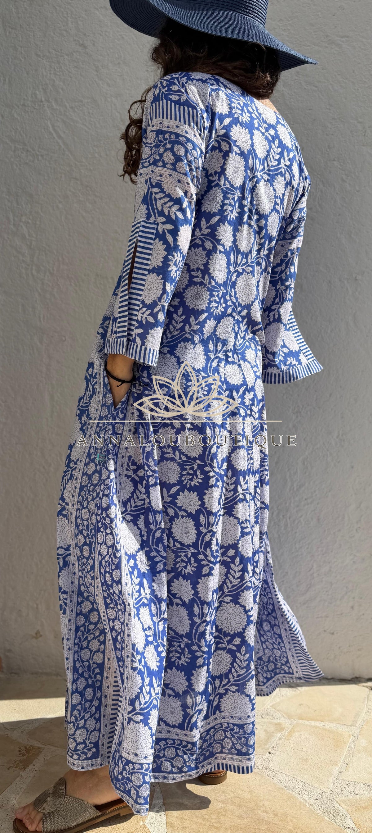 Long navy floral cotton kaftan