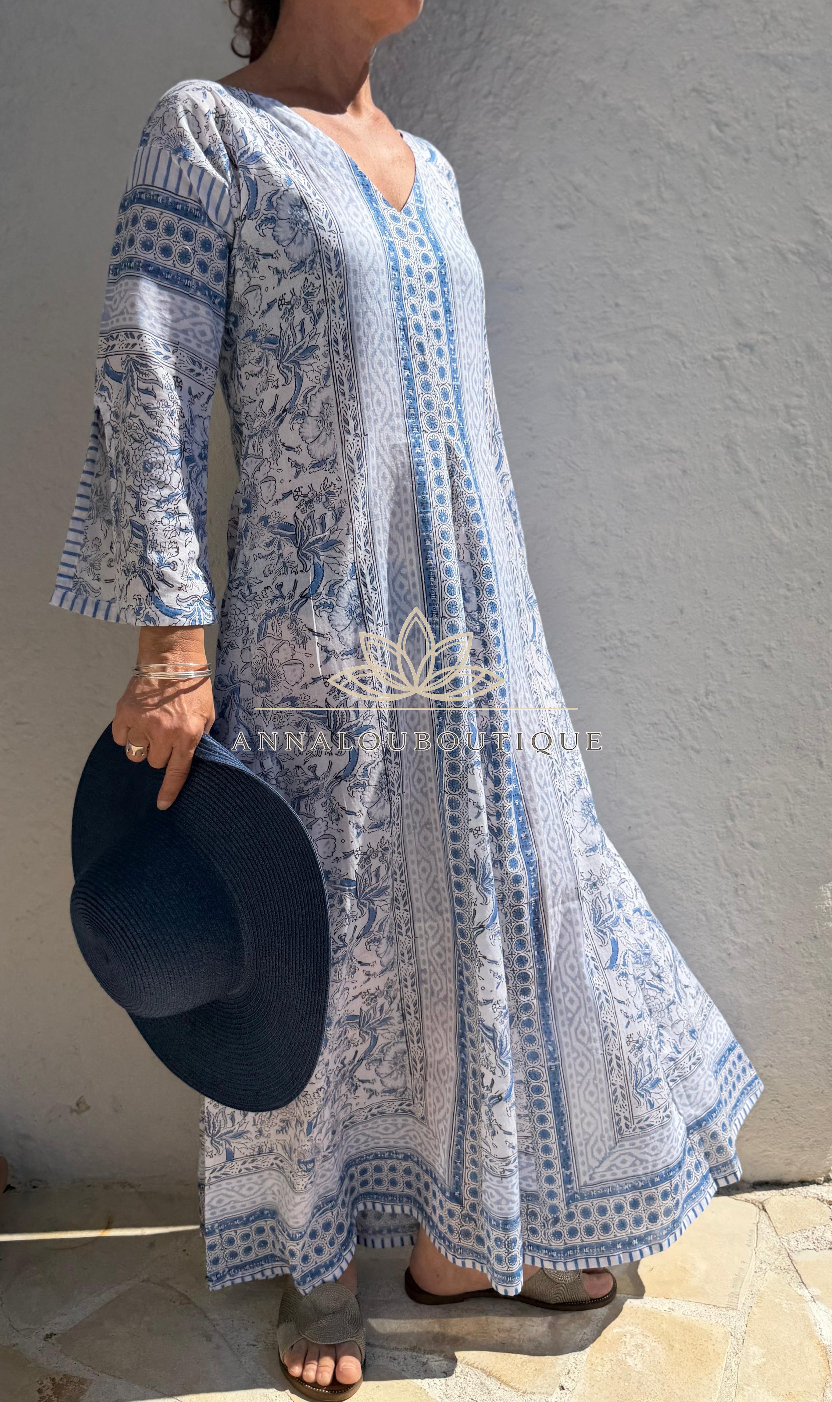 Long Soft Cotton Kaftan – Light Blue Floral Beach Cover Up, Flowy Boho Summer Dress, Breathable Cotton Resort Wear, Handmade Fashion Annalou Design