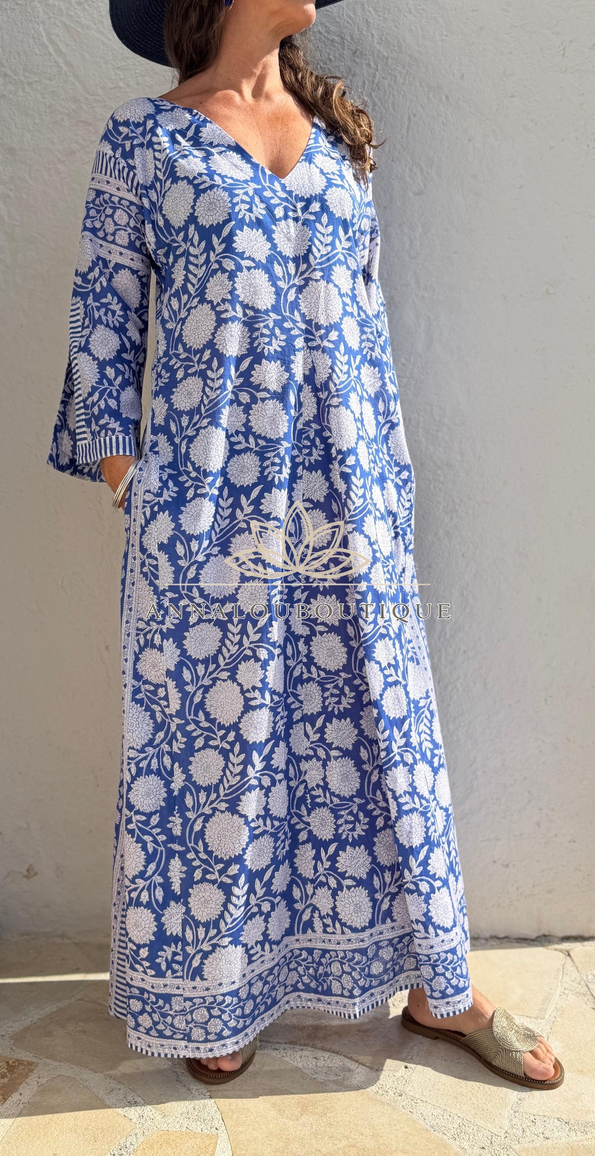 Long navy floral cotton kaftan