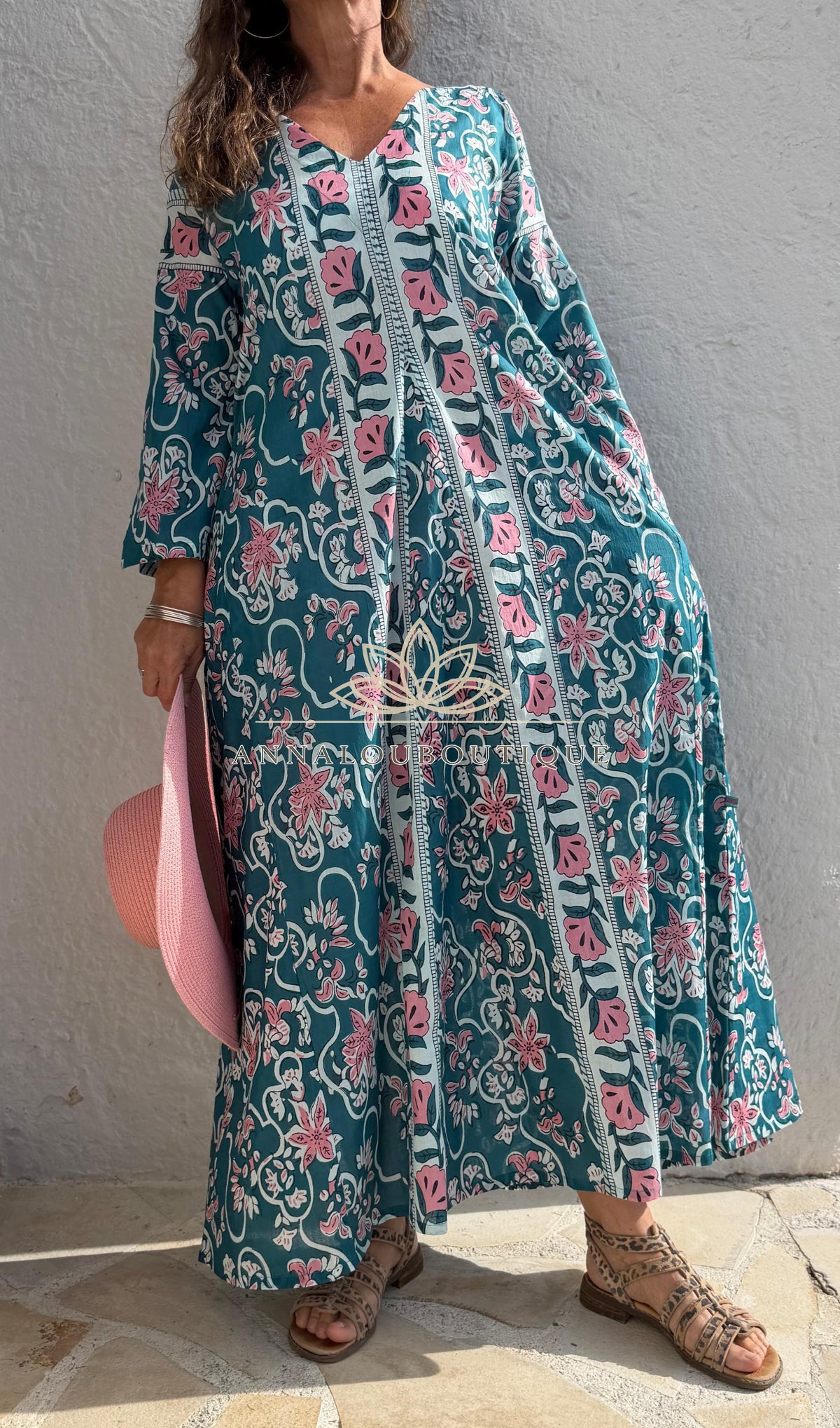 Long flared cotton kaftan in teal and pink
