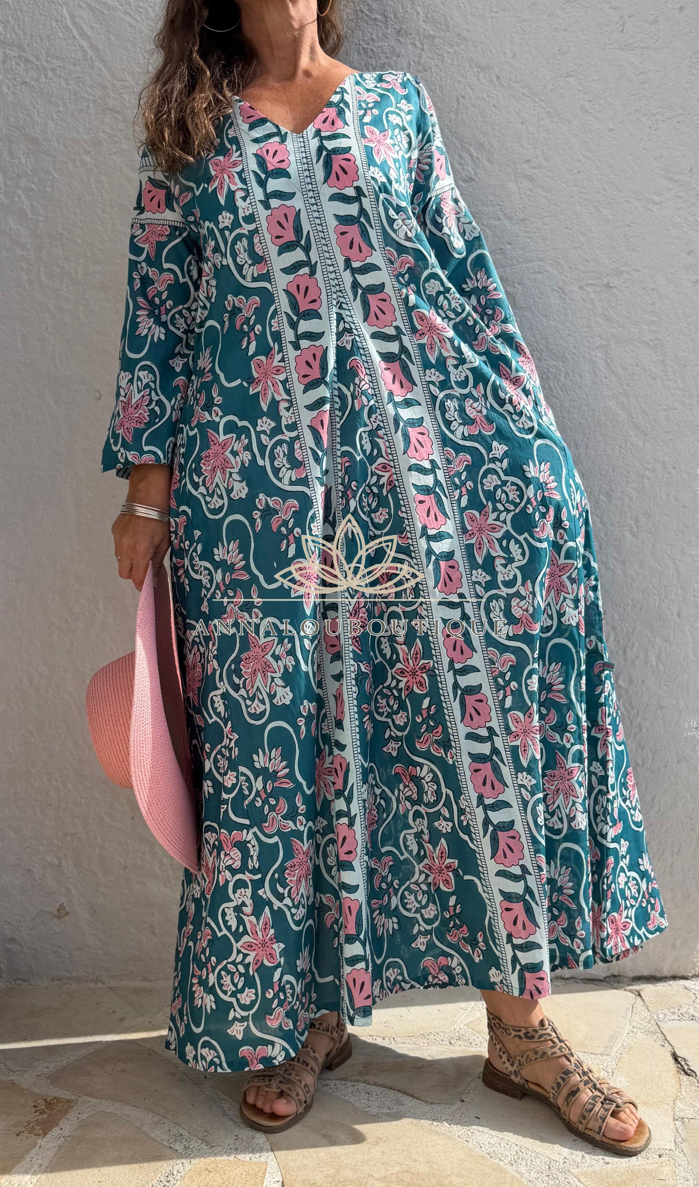 Teal & Pink Floral Cotton Kaftan – Flared Boho Maxi Dress, Soft Beach & Resort Wear Annalou Design