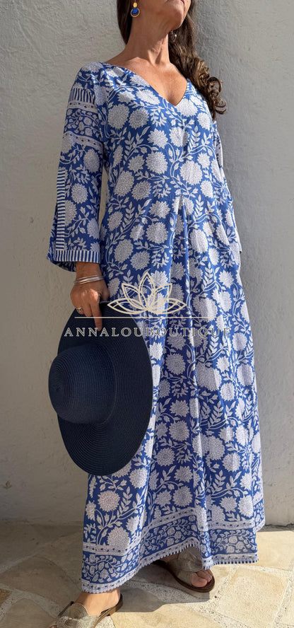 Long navy floral cotton kaftan