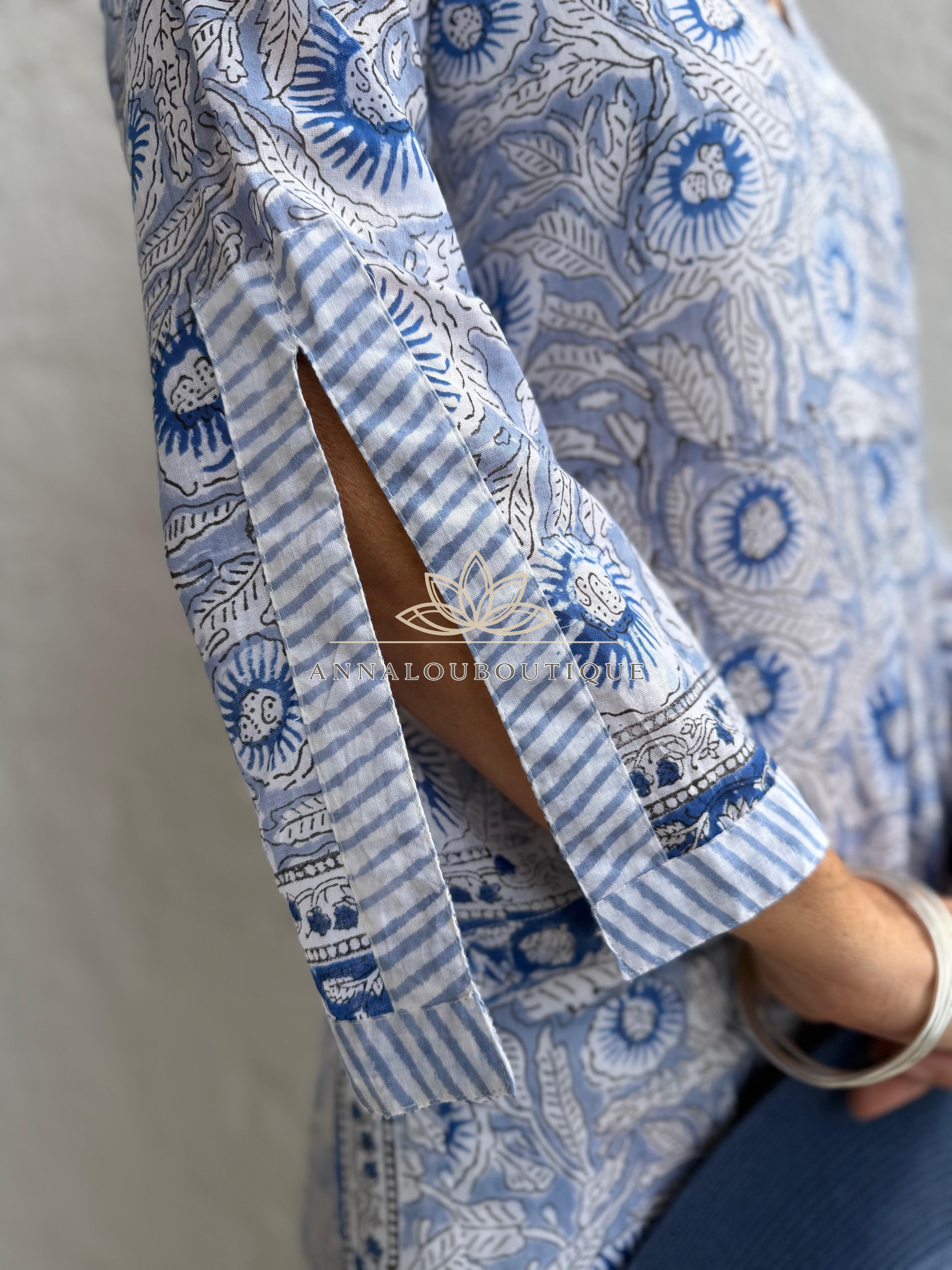 Long Soft Cotton Kaftan – Blue Floral Boho Summer Dress, Flowy Beach Resort Wear Annalou Design