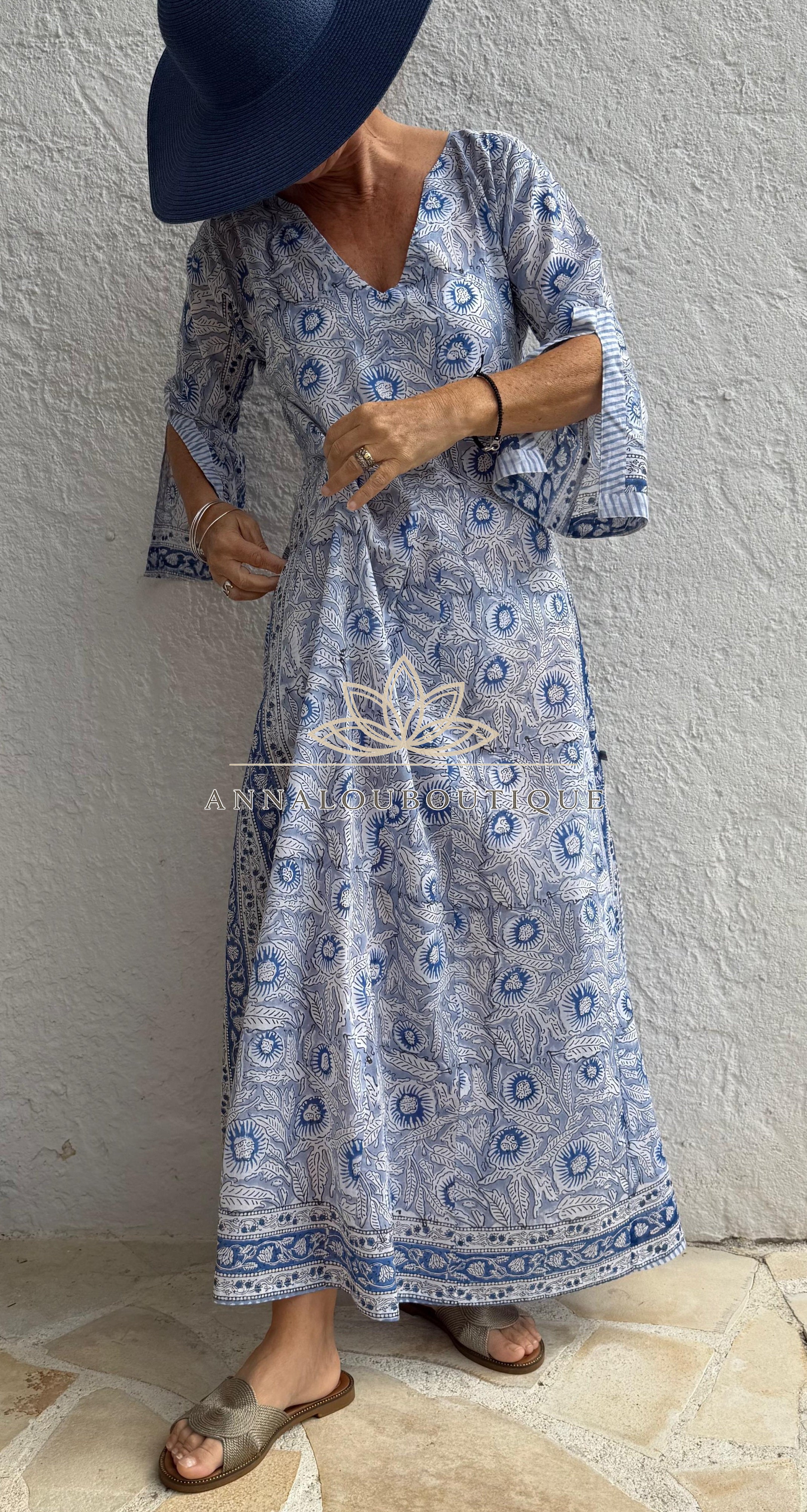 Long Soft Cotton Kaftan – Blue Floral Boho Summer Dress, Flowy Beach Resort Wear Annalou Design