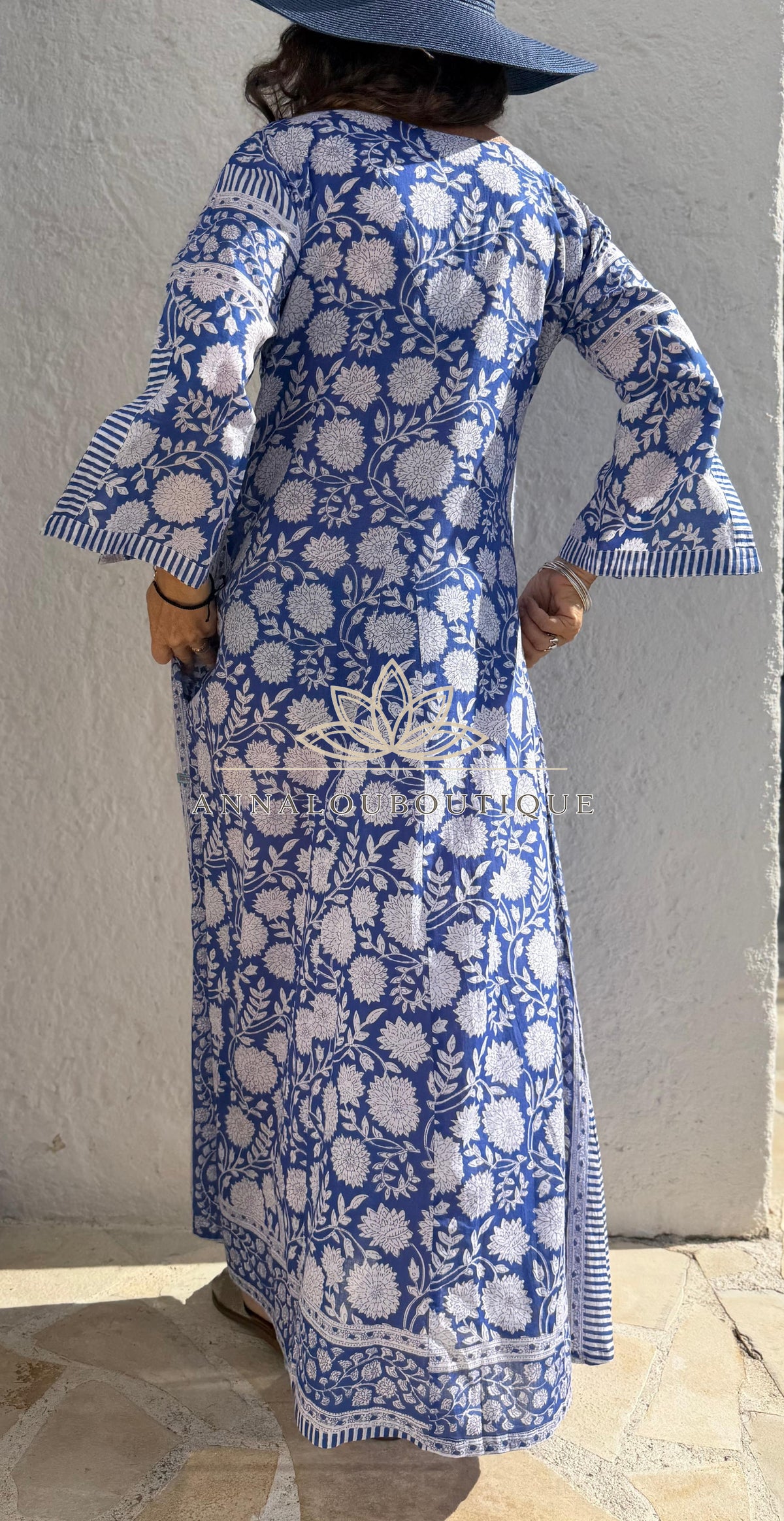 Long navy floral cotton kaftan