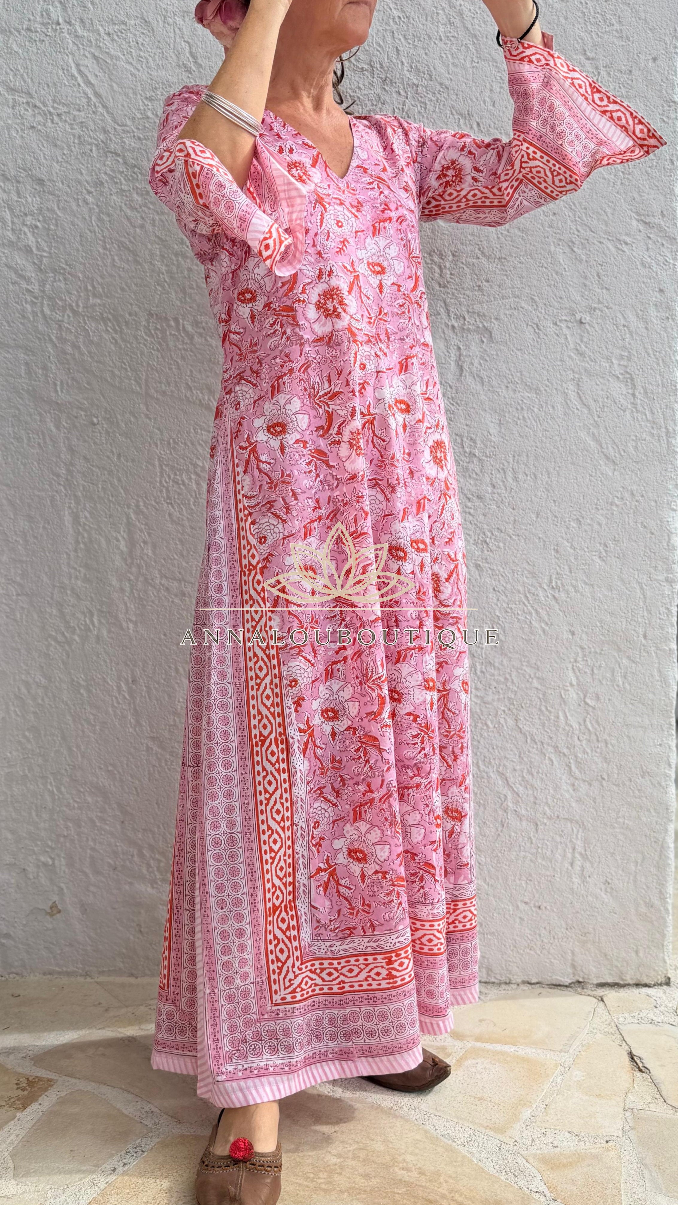 Pink & Orange Floral Cotton Kaftan – Flared Beach & Resort Maxi Dress Annalou Design