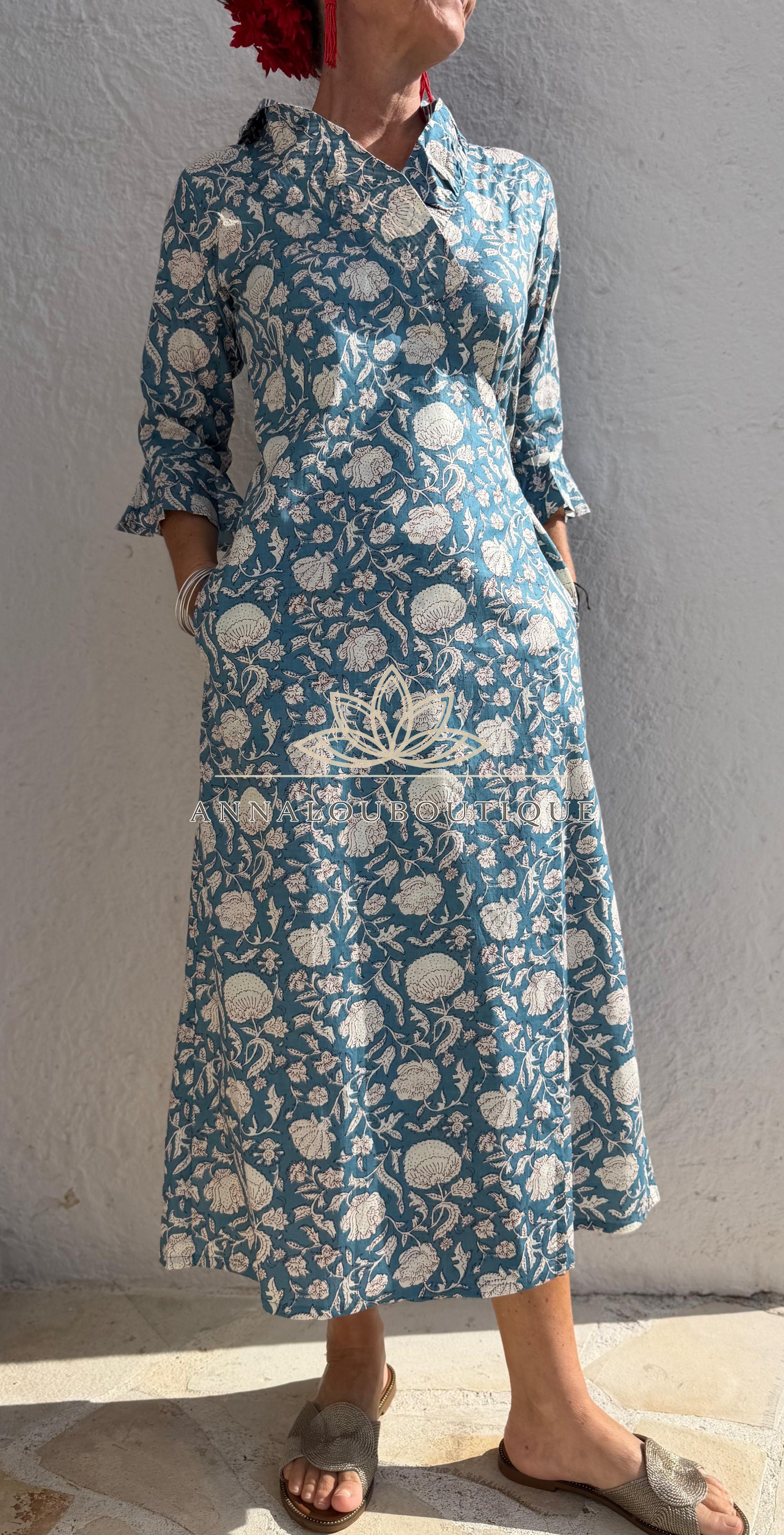 Long Floral Wrap Dress – Blue Grey Boho Chic Maxi Dress, Flowy Cotton Summer Resort Wear Annalou Design