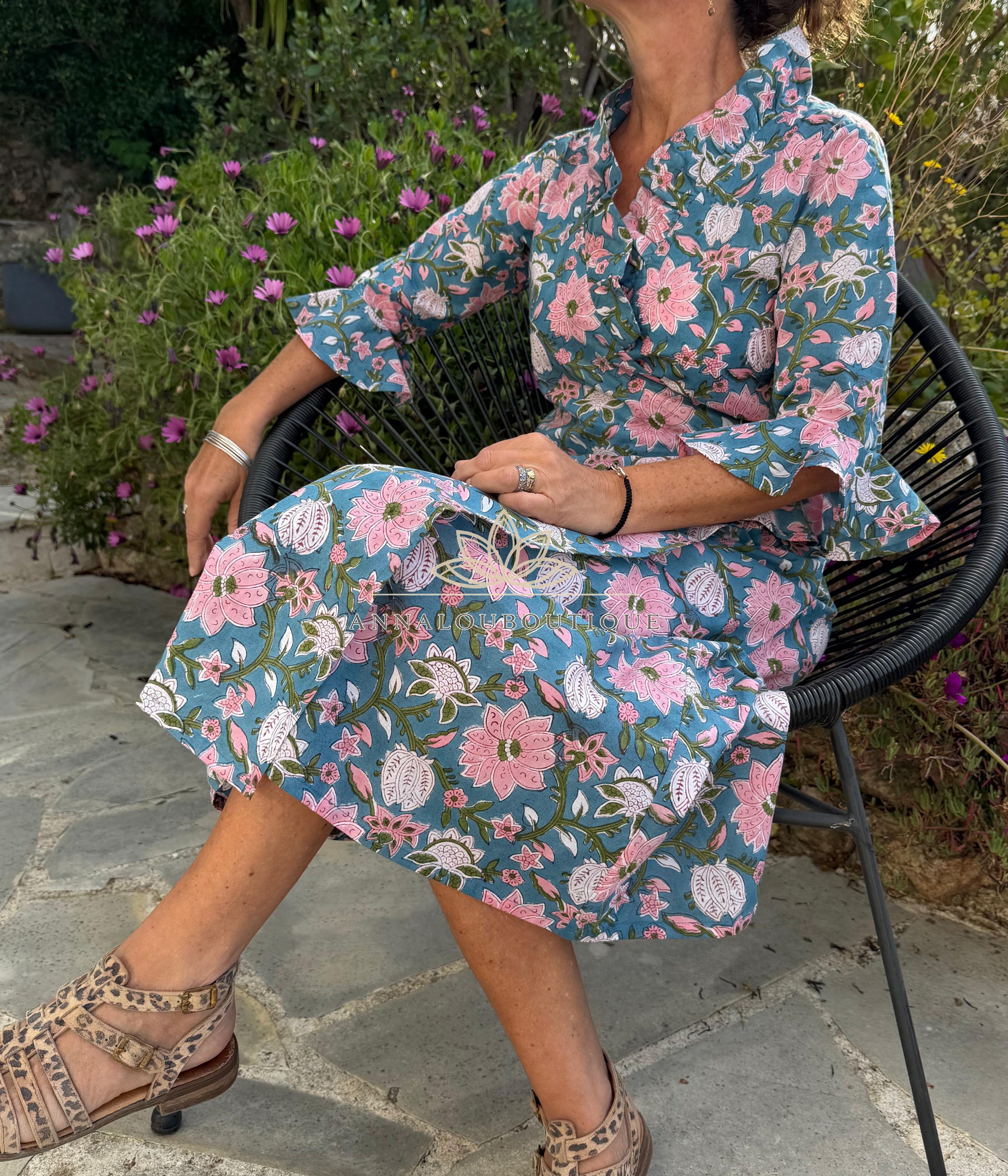long wrap dress in cotton,floral print with pink flowers,ruffled collar,3/4 sleeves with ruffles,kimono shape, hippie chic dress,teal color Annalou Design