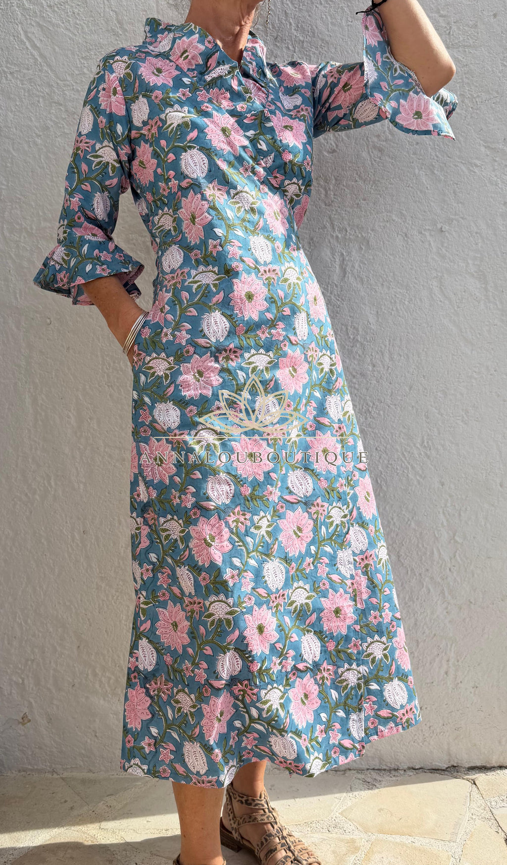 long wrap dress in cotton,floral print with pink flowers,ruffled collar,3/4 sleeves with ruffles,kimono shape, hippie chic dress,teal color Annalou Design