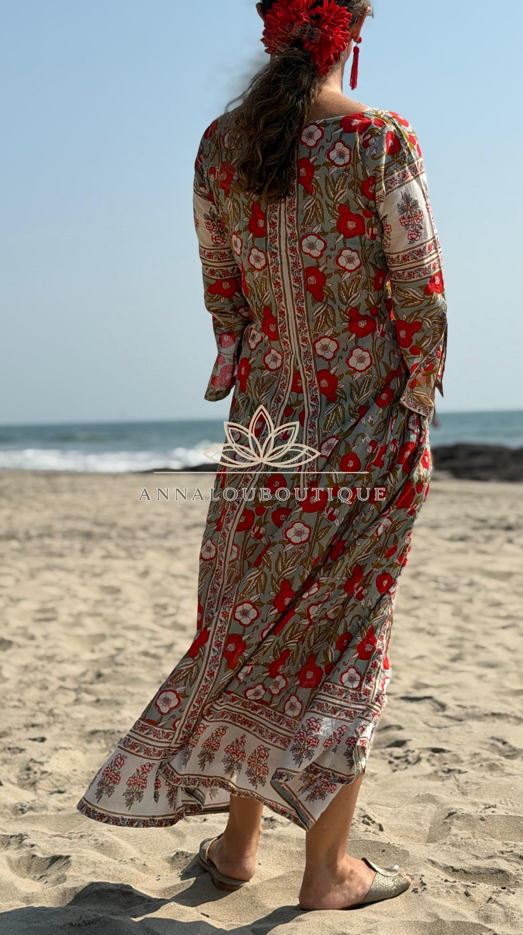 long kaftan in soft cotton,poppy pattern,red & green color,summer boho chic dress. Annalou Design