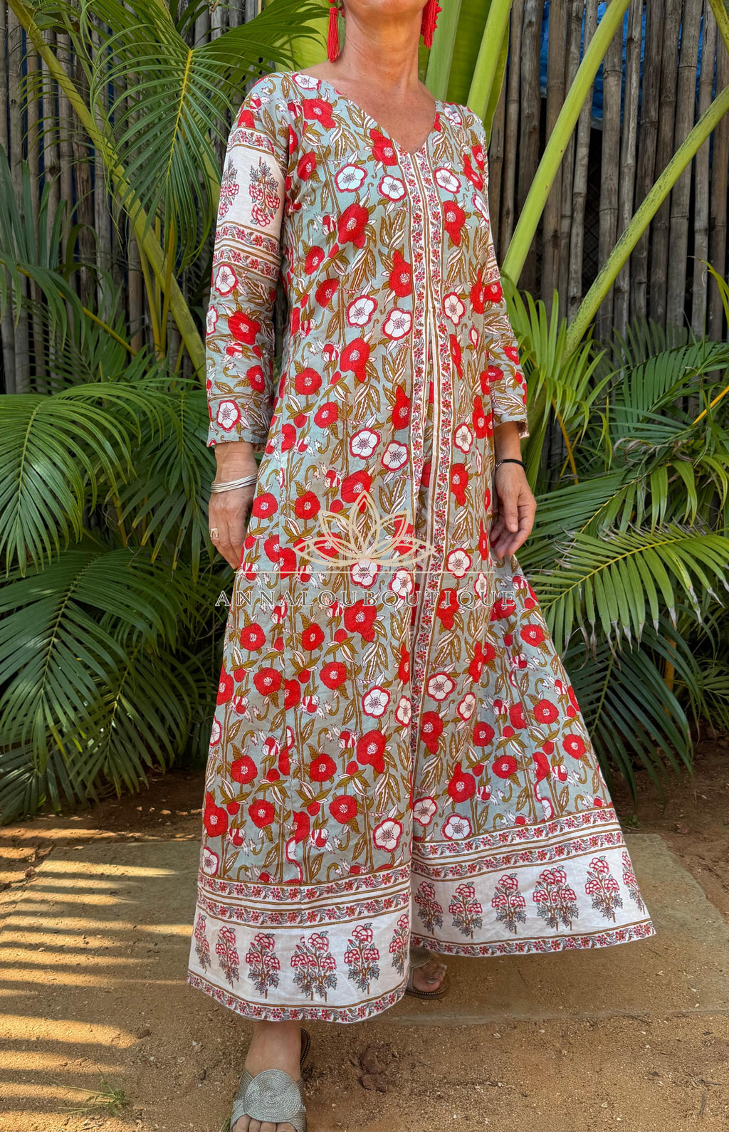 long kaftan in soft cotton,poppy pattern,red & green color,summer boho chic dress. Annalou Design