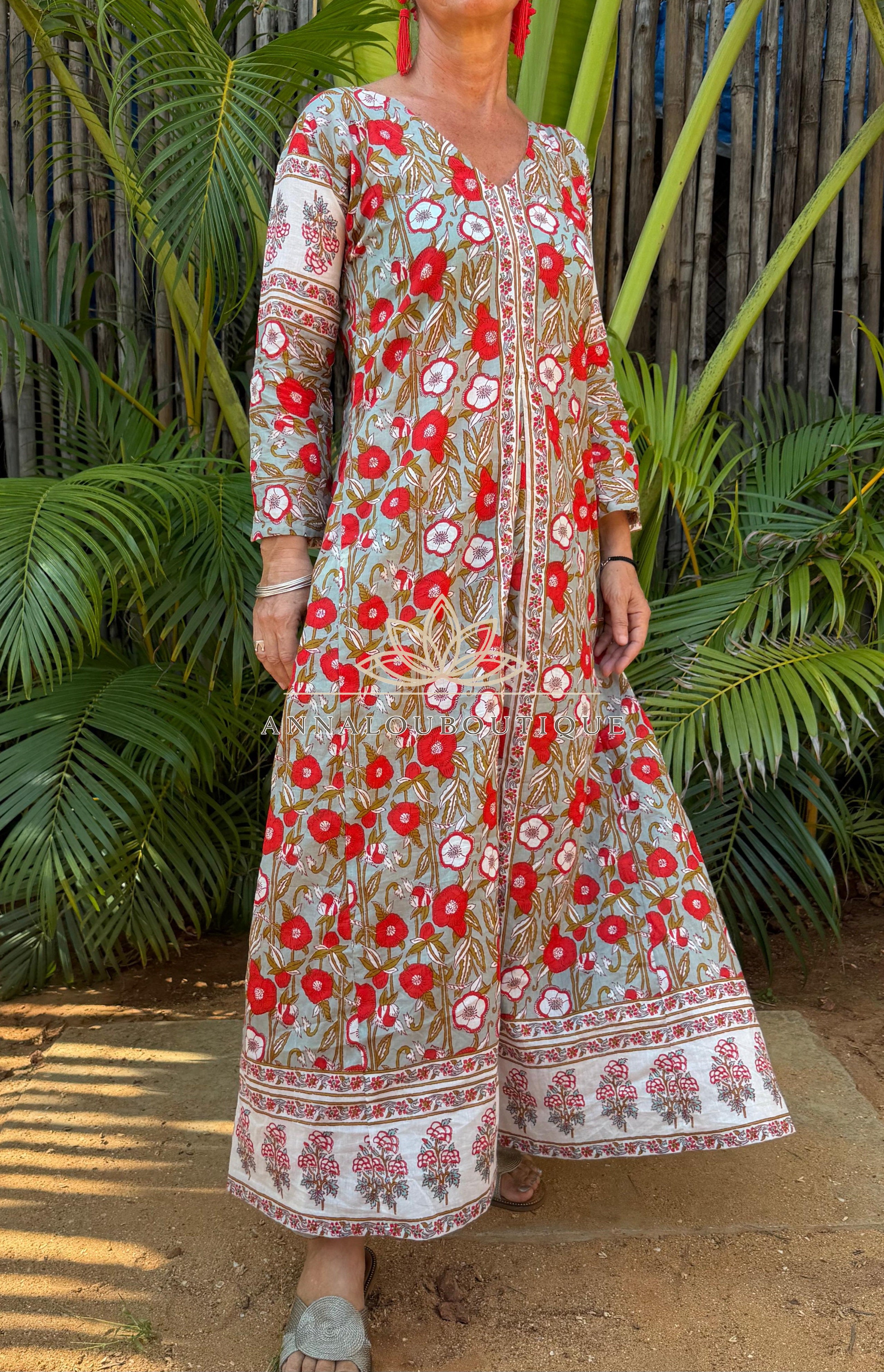 long kaftan in soft cotton,poppy pattern,red & green color,summer boho chic dress. Annalou Design
