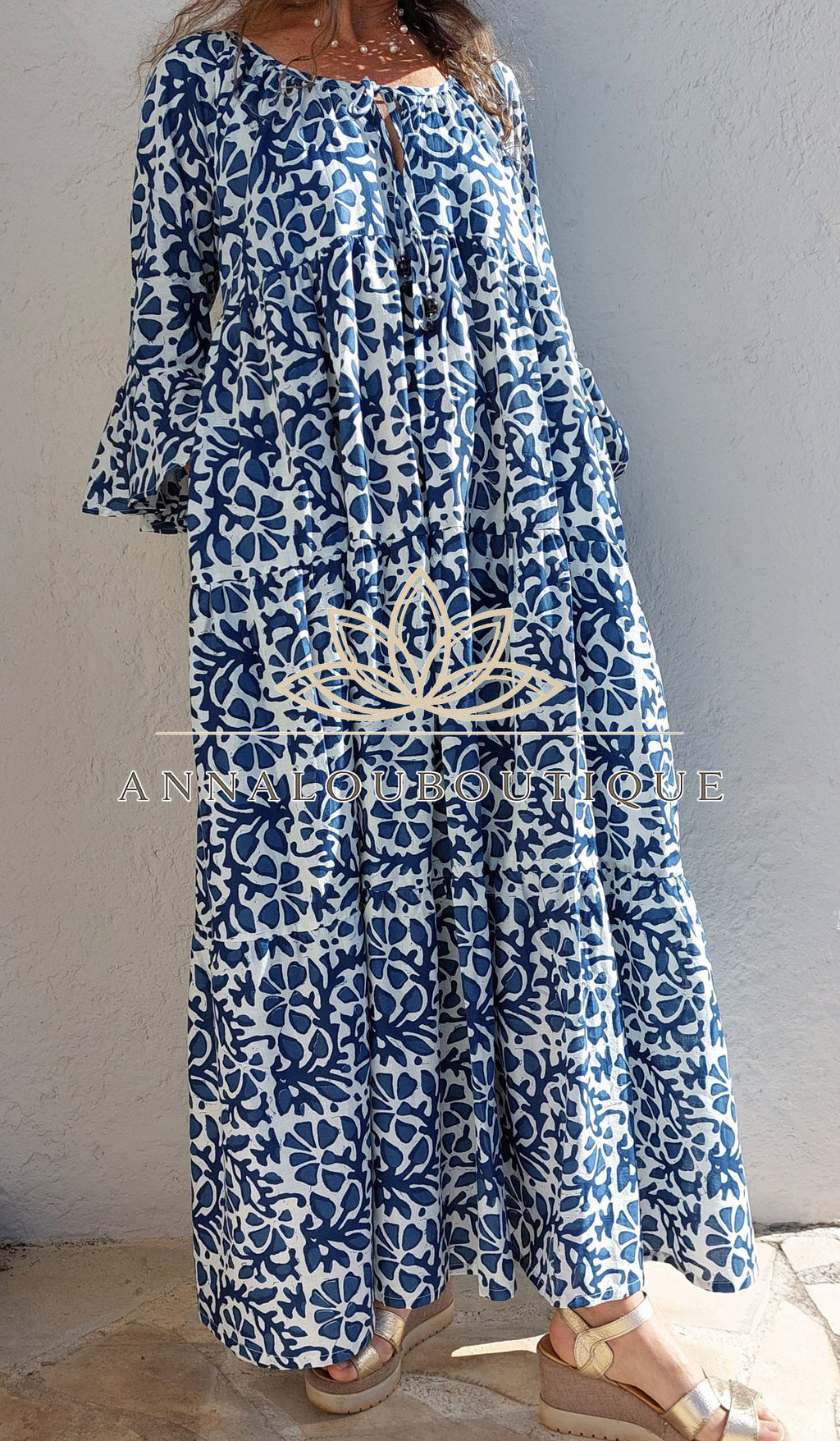 Boheme Chic Cotton Maxi Dress – Navy Blue Summer Outfit Annalou Design