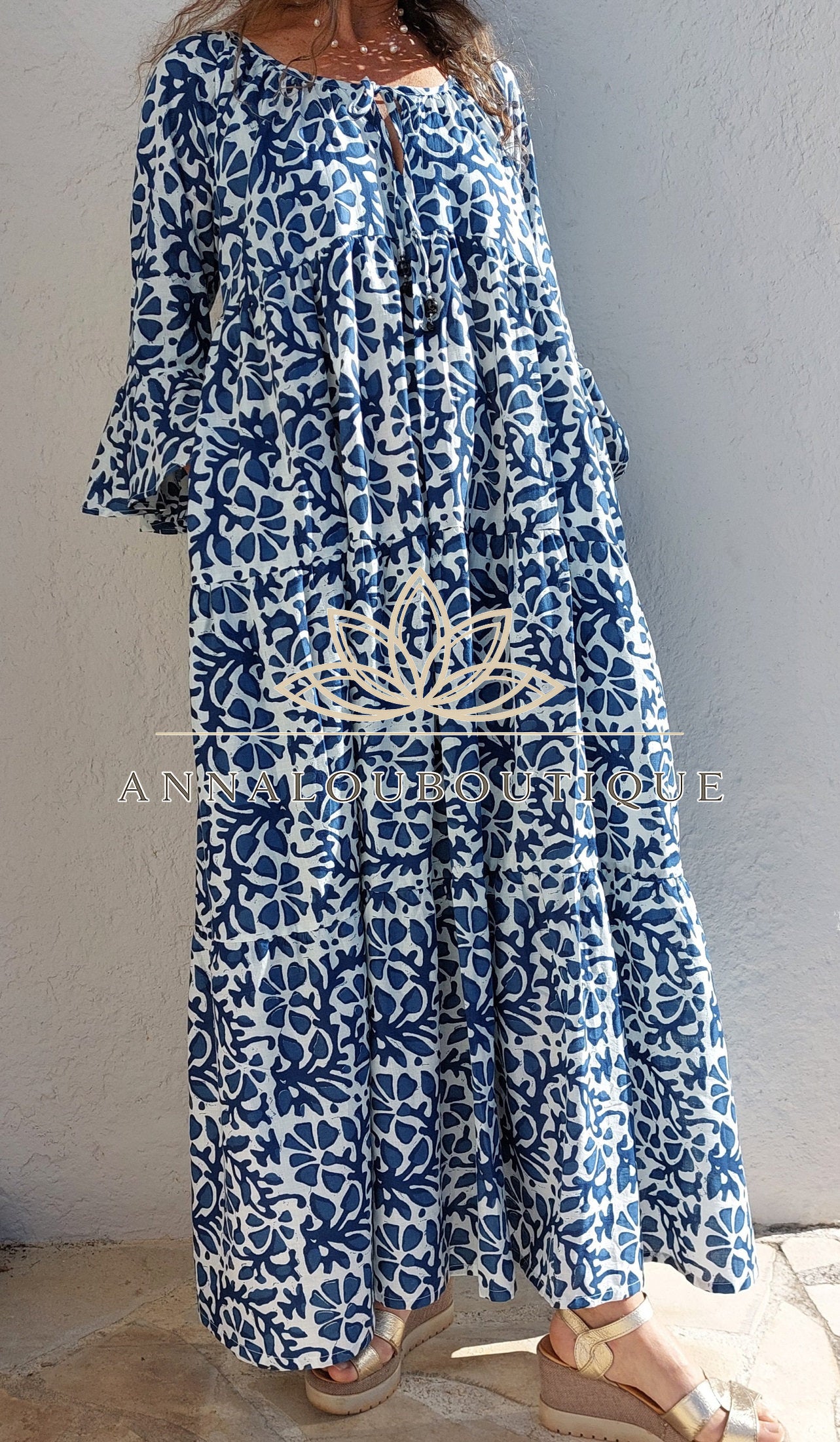 Boheme Chic Cotton Maxi Dress – Navy Blue Summer Outfit Annalou Design