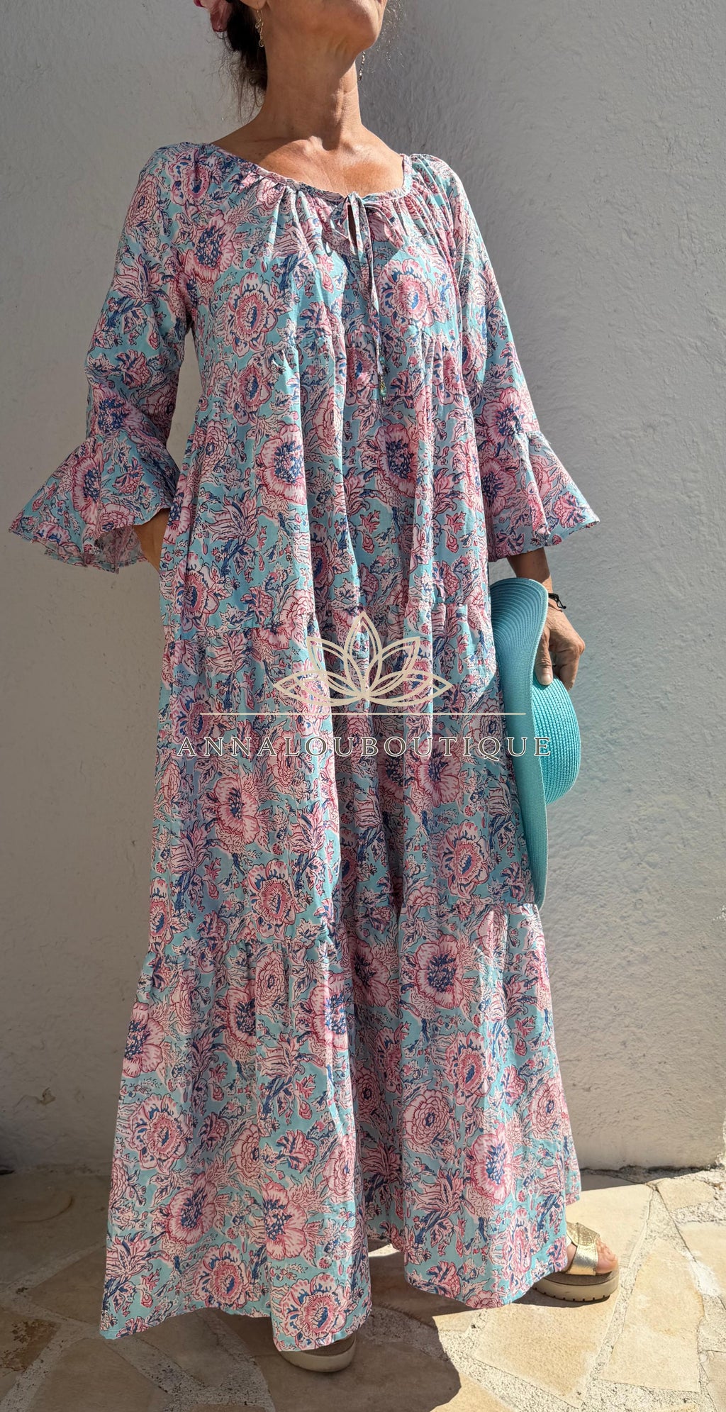 Turquoise Pastel Floral Maxi Dress – Soft Cotton Boho Chic Summer Dress, Flowy Resort & Holiday Wear Annalou Design