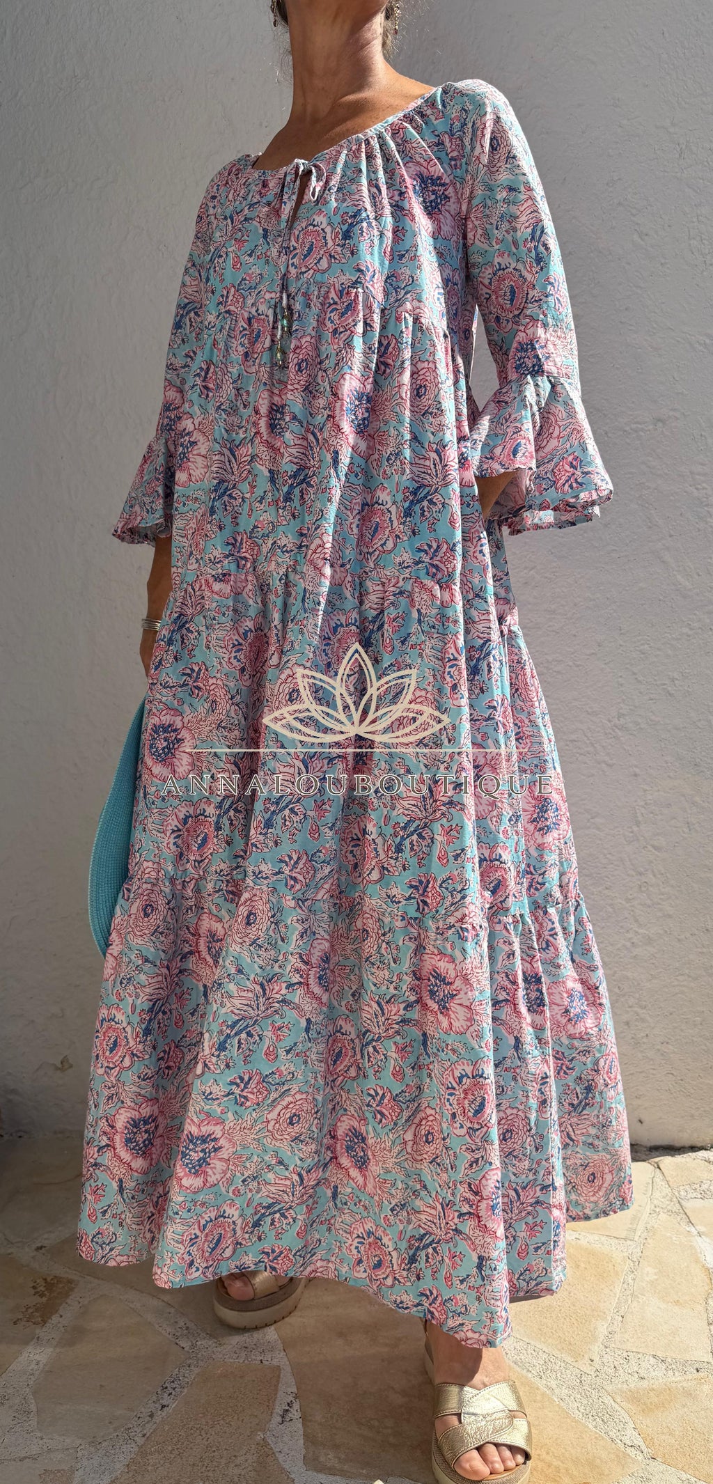 Turquoise Pastel Floral Maxi Dress – Soft Cotton Boho Chic Summer Dress, Flowy Resort & Holiday Wear Annalou Design