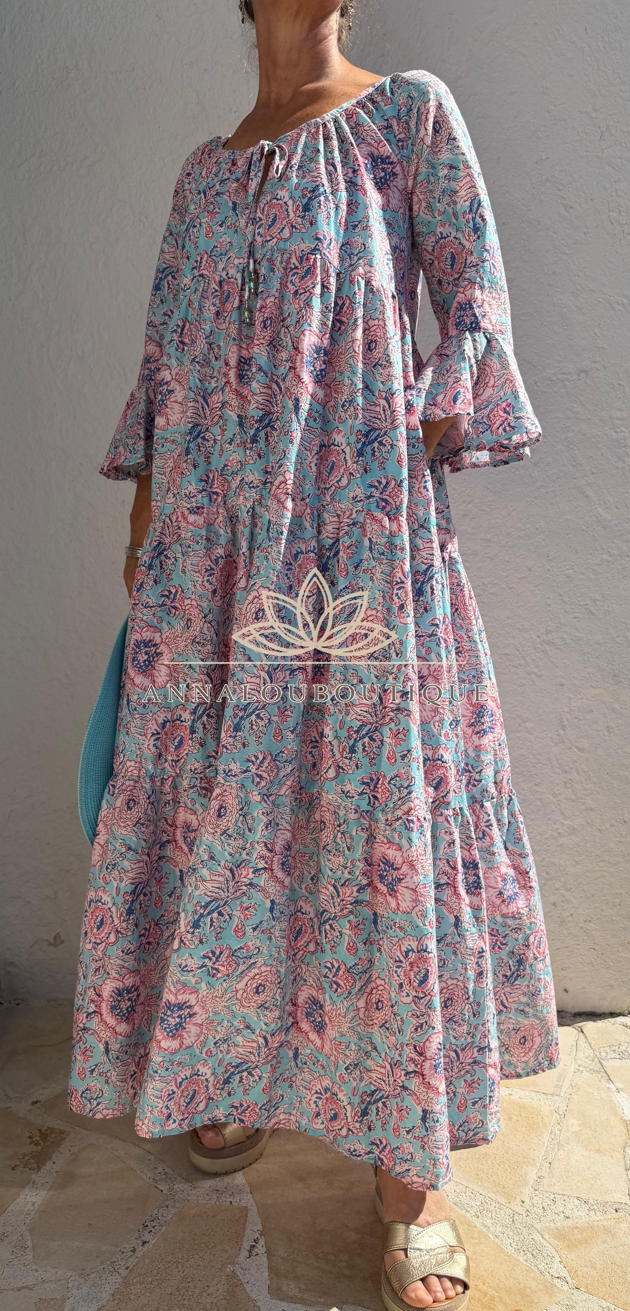 Turquoise Pastel Floral Maxi Dress – Soft Cotton Boho Chic Summer Dress, Flowy Resort & Holiday Wear Annalou Design