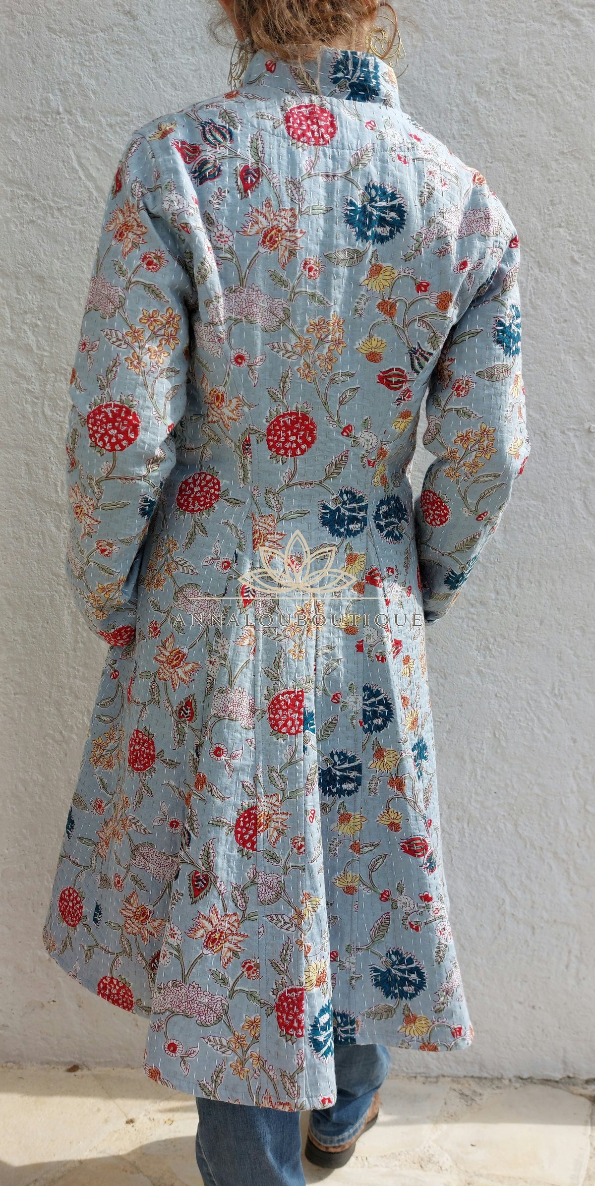 Manteau redingote en coton fleuri bleu gris