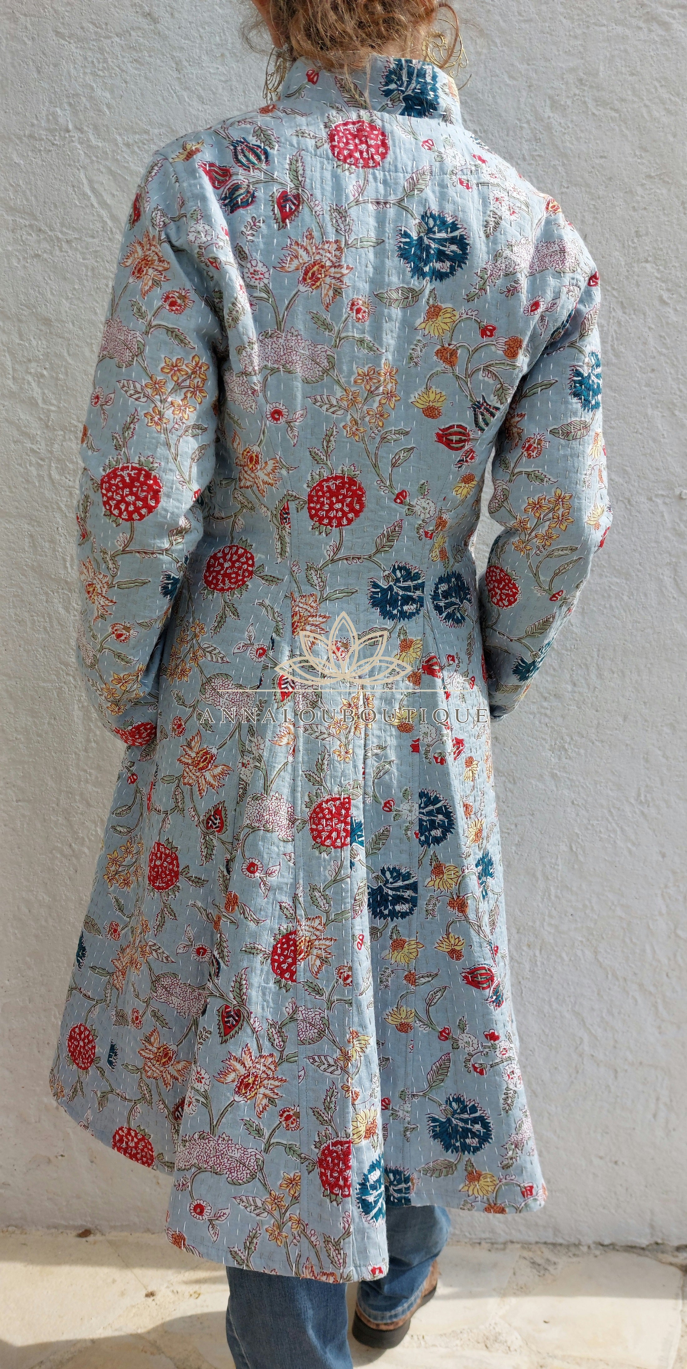 Cotton Frock Coat – Blue Grey Floral Mid-Season Jacket Annalou Design