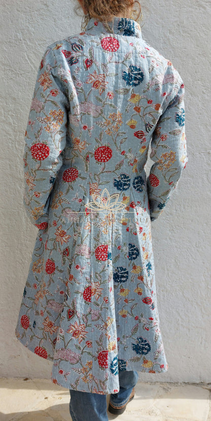 Manteau redingote en coton fleuri bleu gris