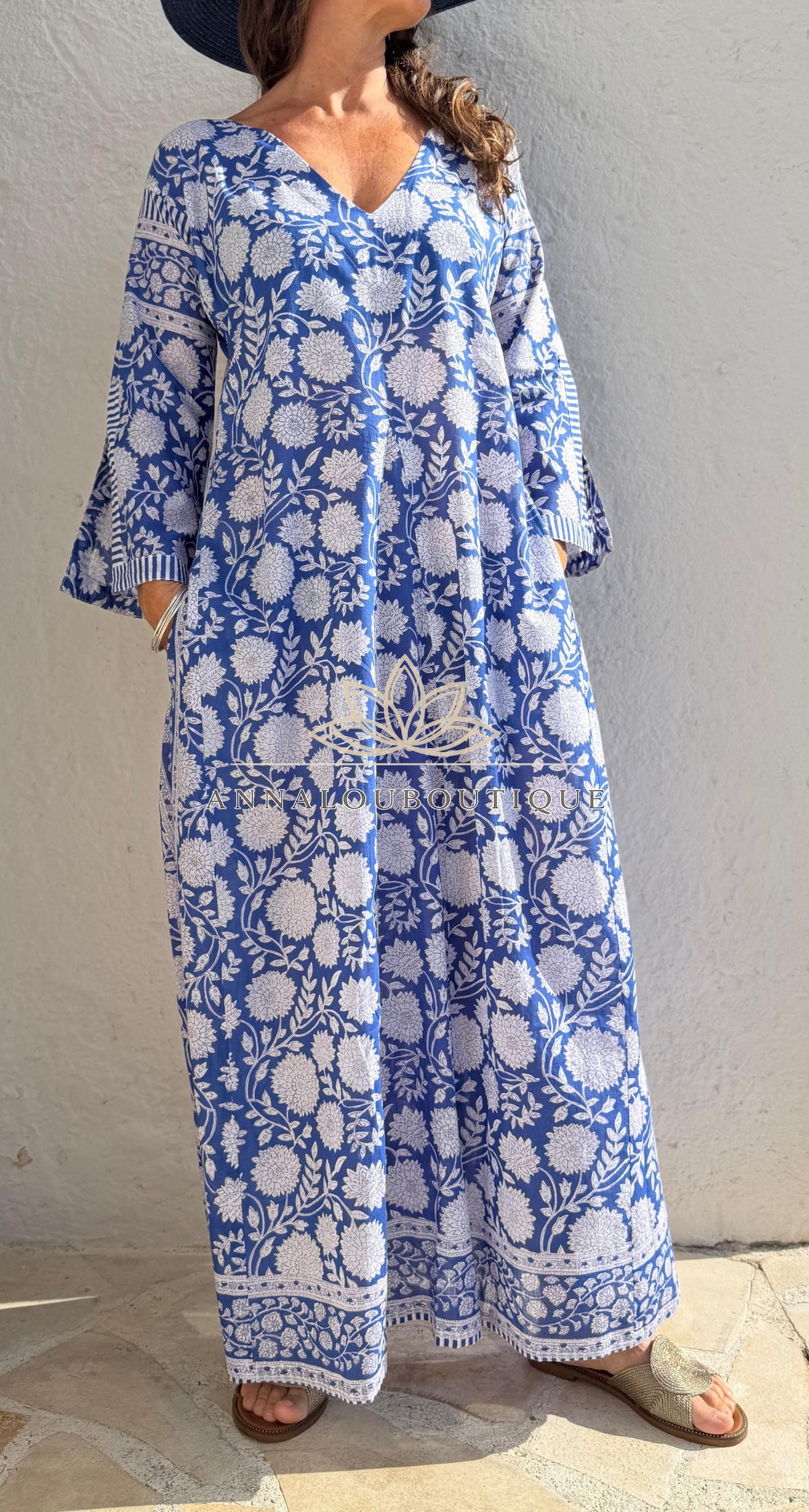 Long navy floral cotton kaftan