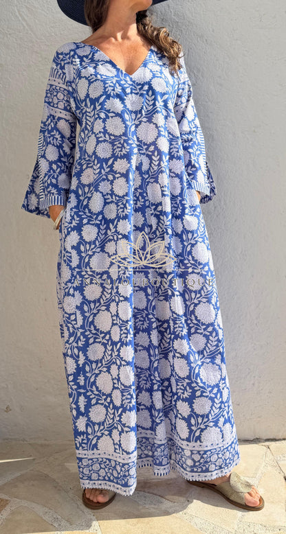 Long navy floral cotton kaftan