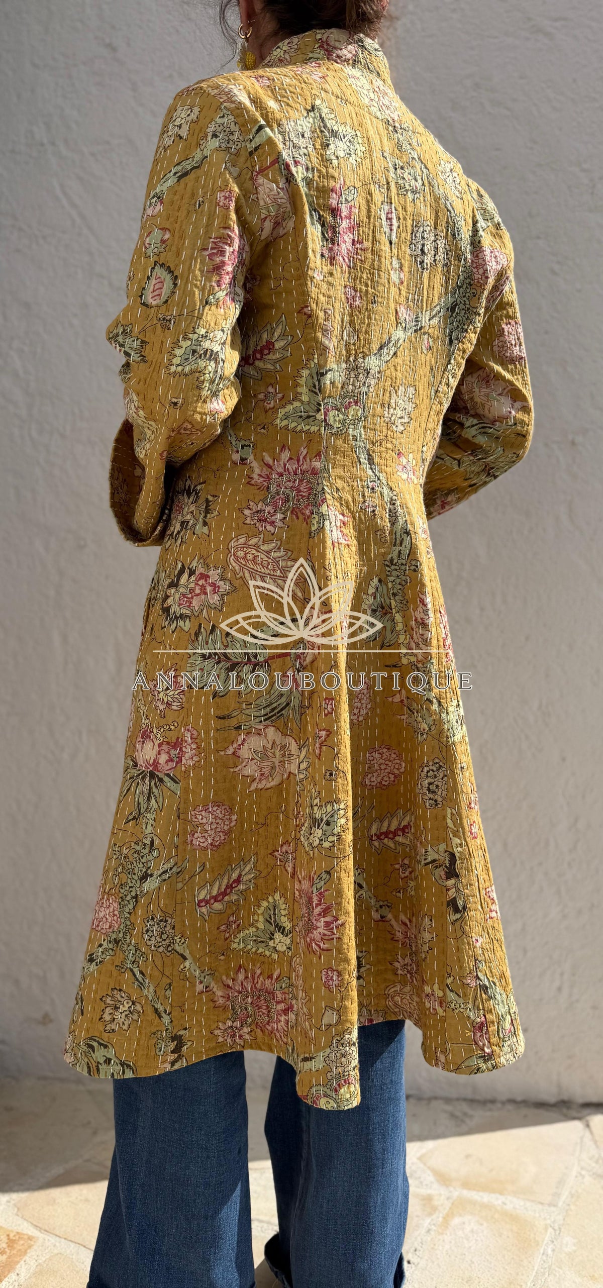 Manteau redingote en coton à hortensias roses