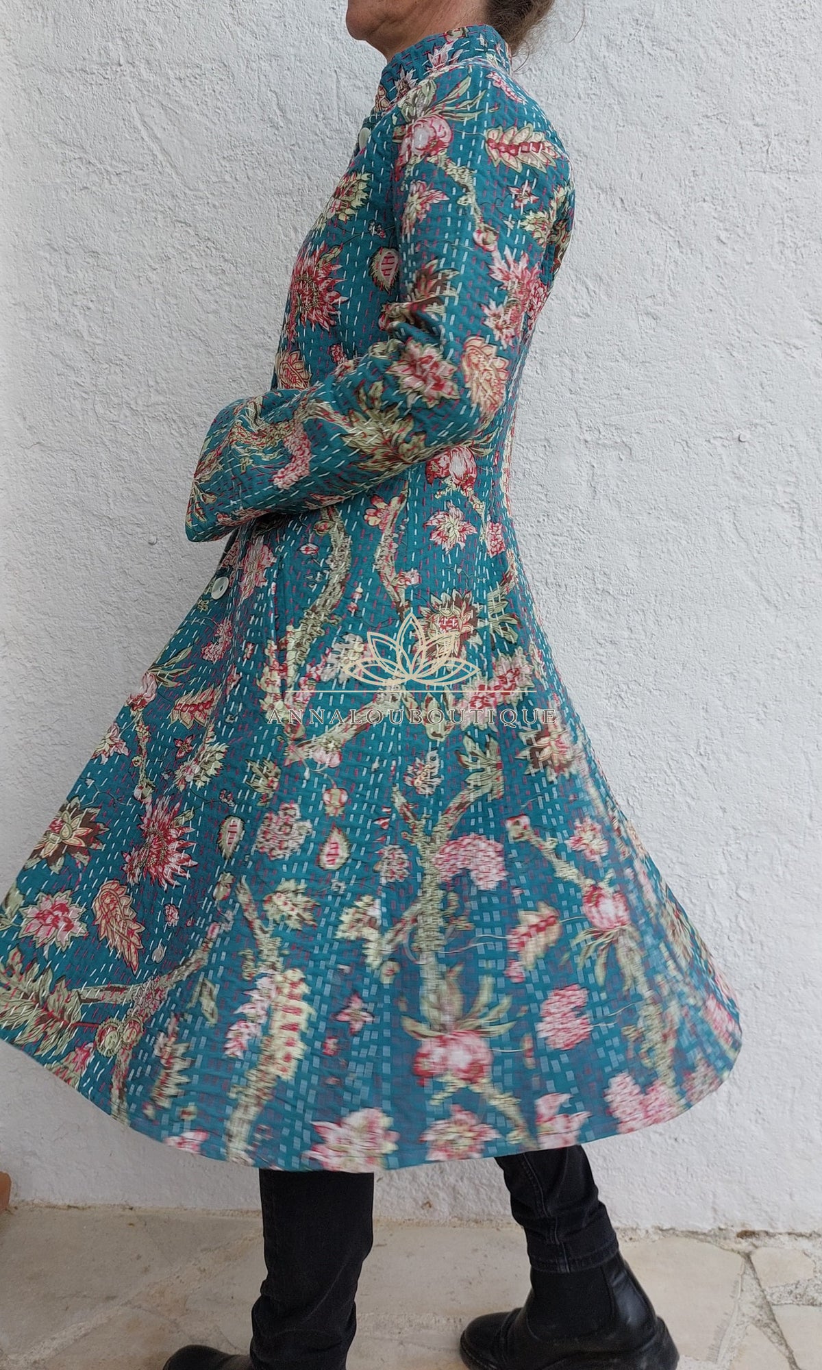 Teal frock coat with pink hydrangeas