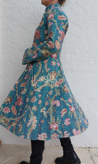 Teal frock coat with pink hydrangeas