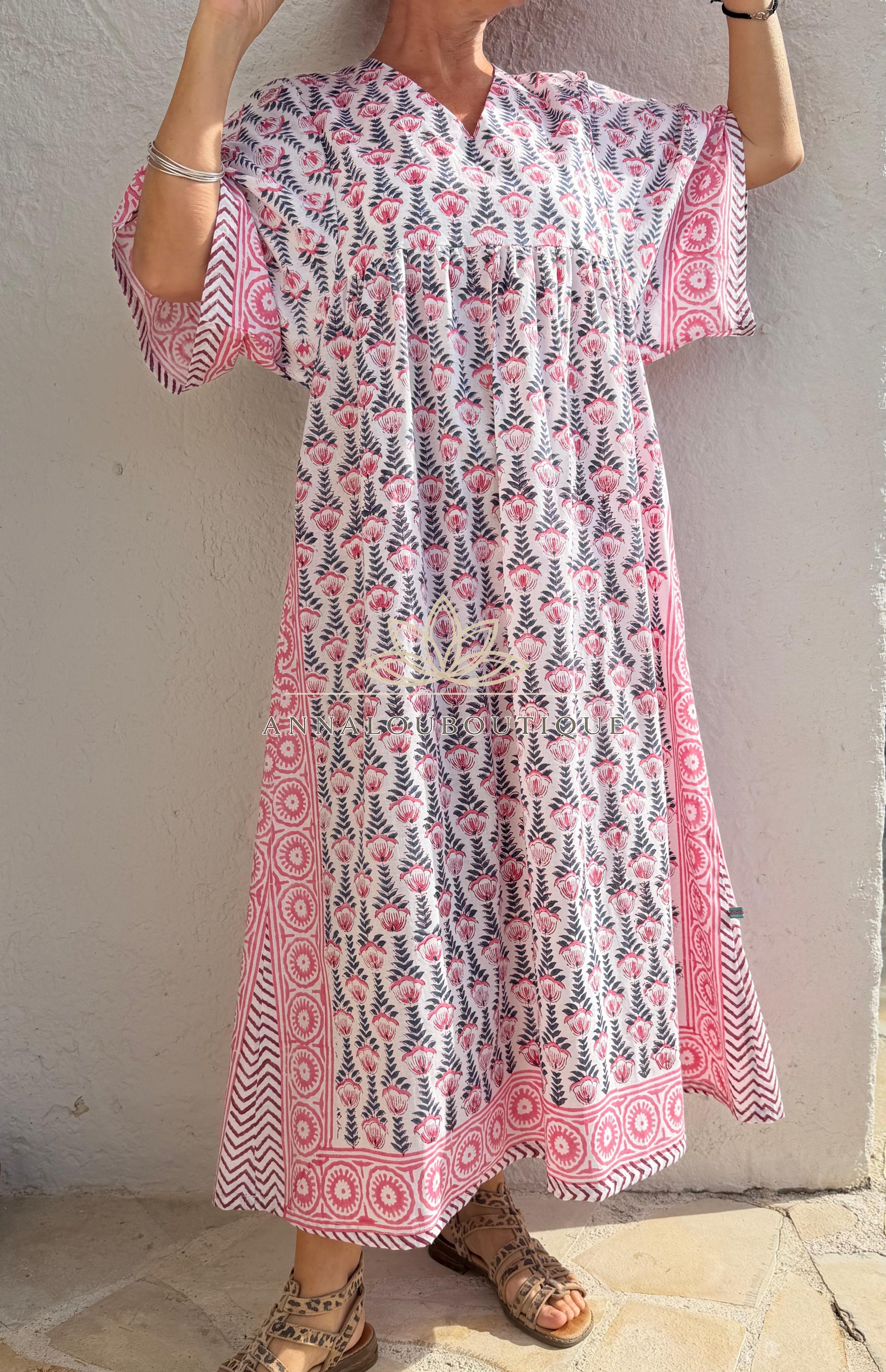 Oversized Cotton Dress – Hand Block Print Boho Dress, Soft Cotton Summer Outfit, Navy Blue Pattern Dress with Pink Border, Maxi Dress Annalou Design