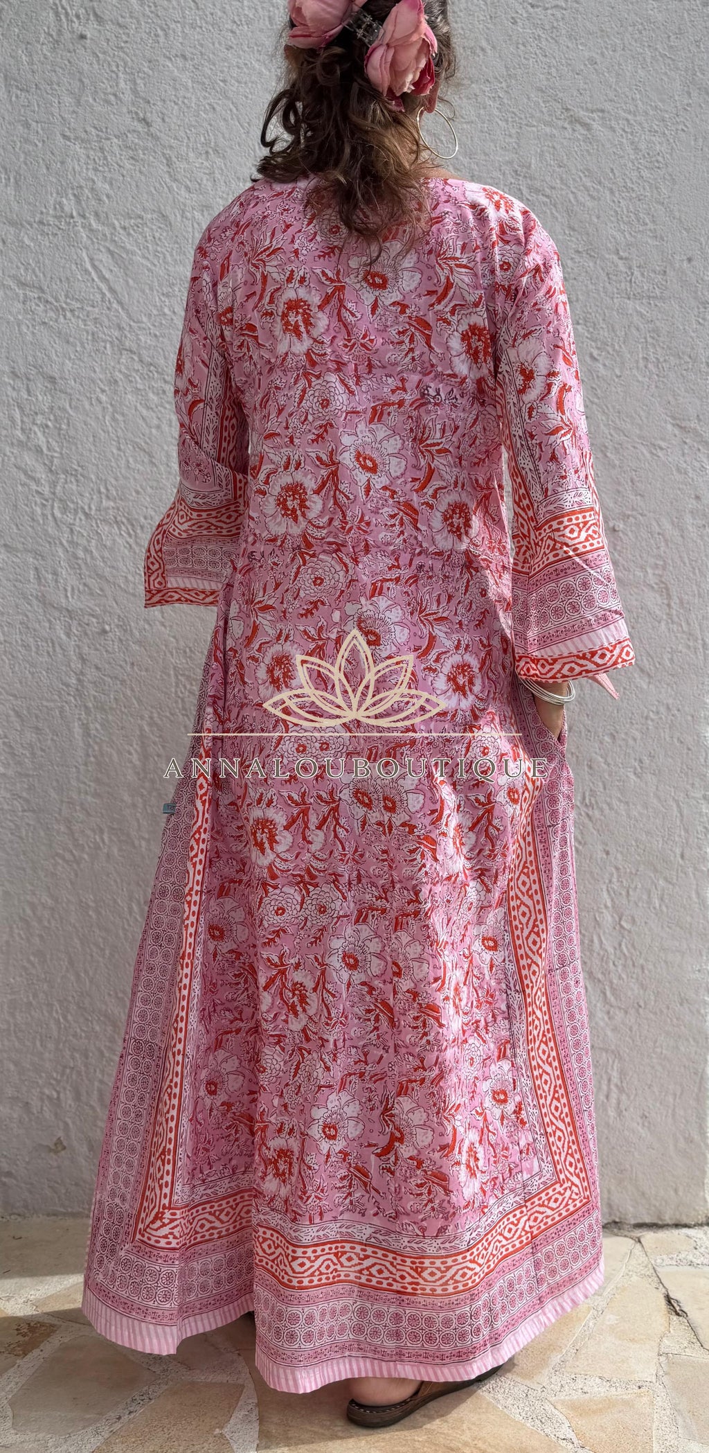 Pink & Orange Floral Cotton Kaftan – Flared Beach & Resort Maxi Dress Annalou Design