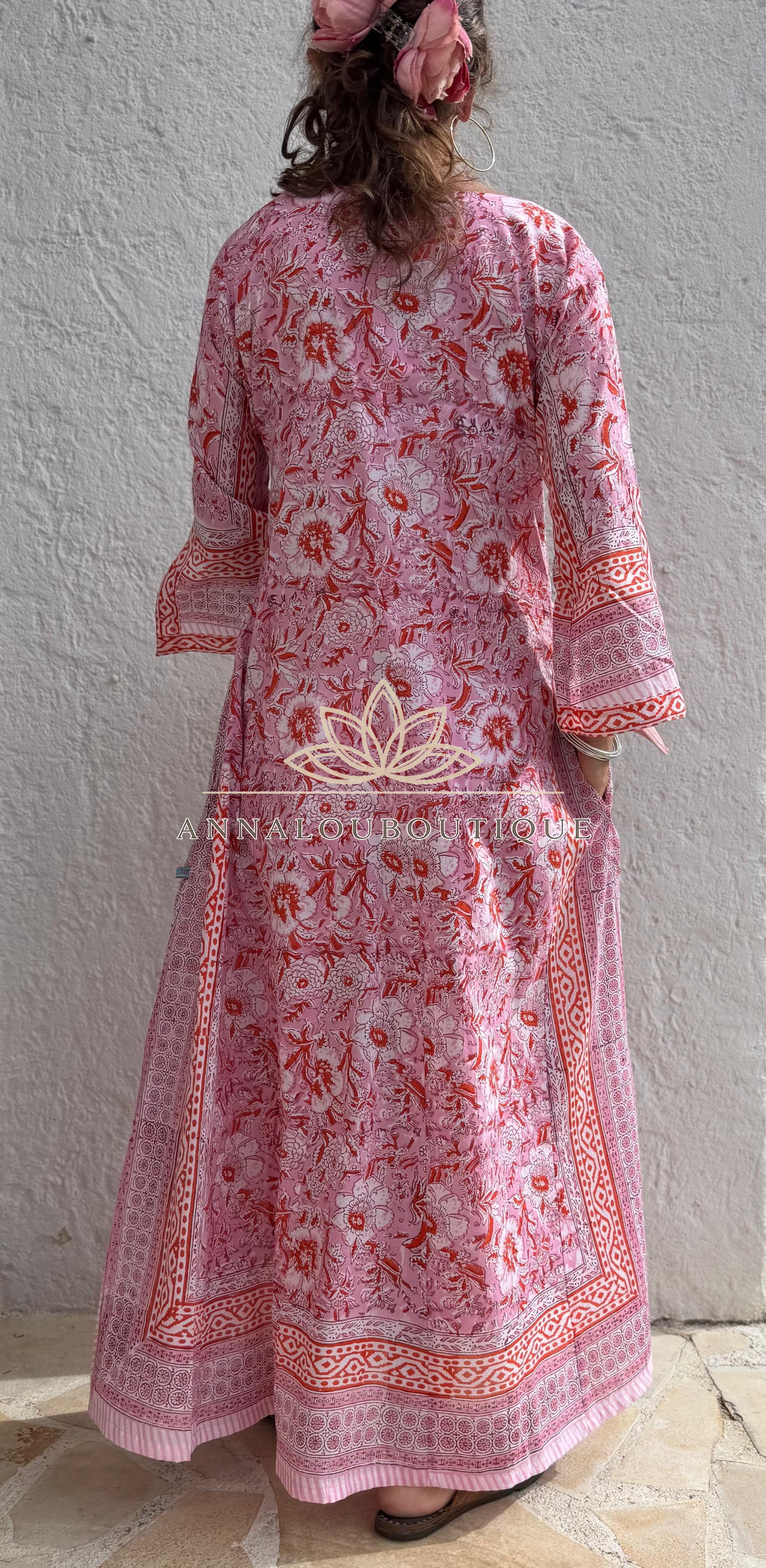 Pink & Orange Floral Cotton Kaftan – Flared Beach & Resort Maxi Dress Annalou Design
