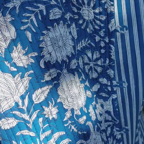 quilted cotton frock coat,blue floral printed cotton,blue stripes cotton inside,winter outfit,limited series, bohochic design,shell buttons