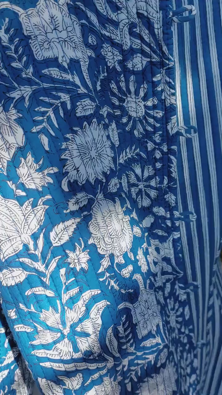quilted cotton frock coat,blue floral printed cotton,blue stripes cotton inside,winter outfit,limited series, bohochic design,shell buttons