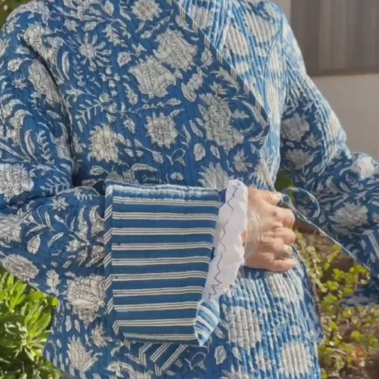 Reversible Quilted Cotton Jacket – Blue Floral Winter Coat, Hippie Chic Outerwear, Flared Sleeve Boho Jacket with Large Cuffs