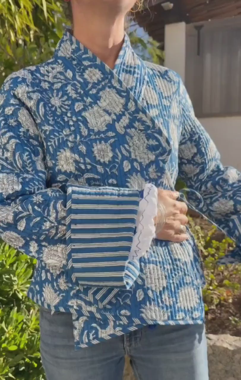 Reversible Quilted Cotton Jacket – Blue Floral Winter Coat, Hippie Chic Outerwear, Flared Sleeve Boho Jacket with Large Cuffs