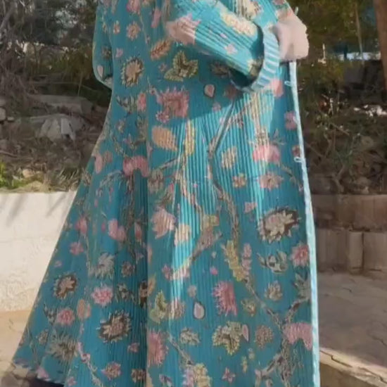 long frock coat in quilted cotton,turquoise stripes cotton inside,winter outfit,limited series, bohochic design,hydrangea pattern