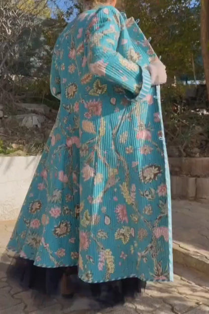 long frock coat in quilted cotton,turquoise stripes cotton inside,winter outfit,limited series, bohochic design,hydrangea pattern