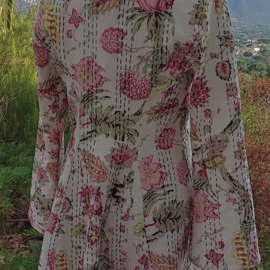 frock coat in cotton not quilted,off white color,floral pattern,pink hydrangea print,shell buttons,boheme and chic outfit, hand embroidery