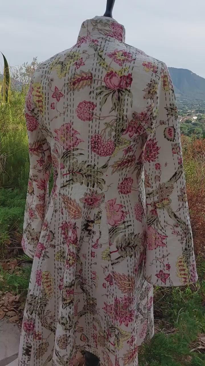 frock coat in cotton not quilted,off white color,floral pattern,pink hydrangea print,shell buttons,boheme and chic outfit, hand embroidery