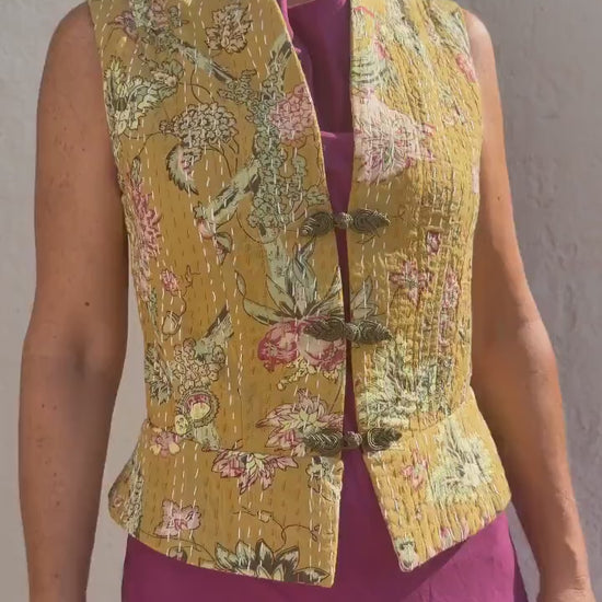 Handmade Cotton Corset Waistcoat – Solar Yellow & Pink Hydrangea Print, Artisan Boho Vest, Limited Edition
