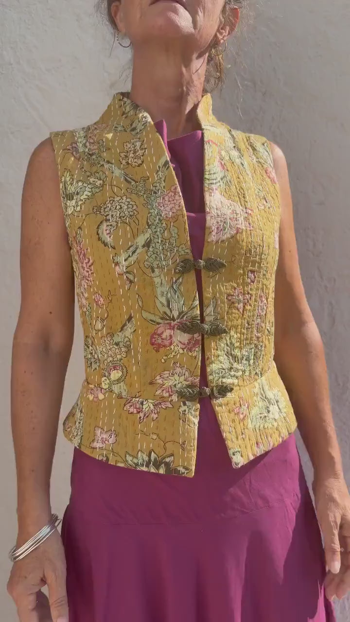 Handmade Cotton Corset Waistcoat – Solar Yellow & Pink Hydrangea Print, Artisan Boho Vest, Limited Edition
