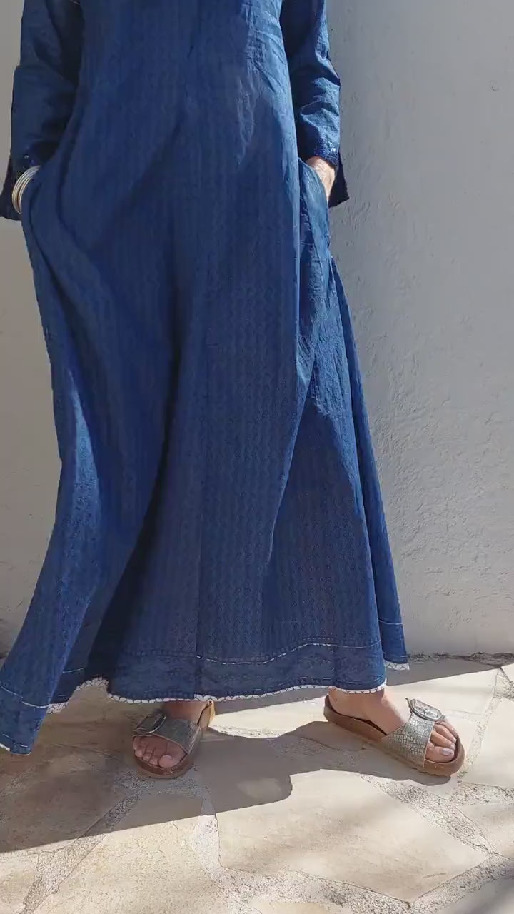long kaftan dress in soft cotton, navy blue color, exclusive design, dark blue sequins lace finishing on sleeves