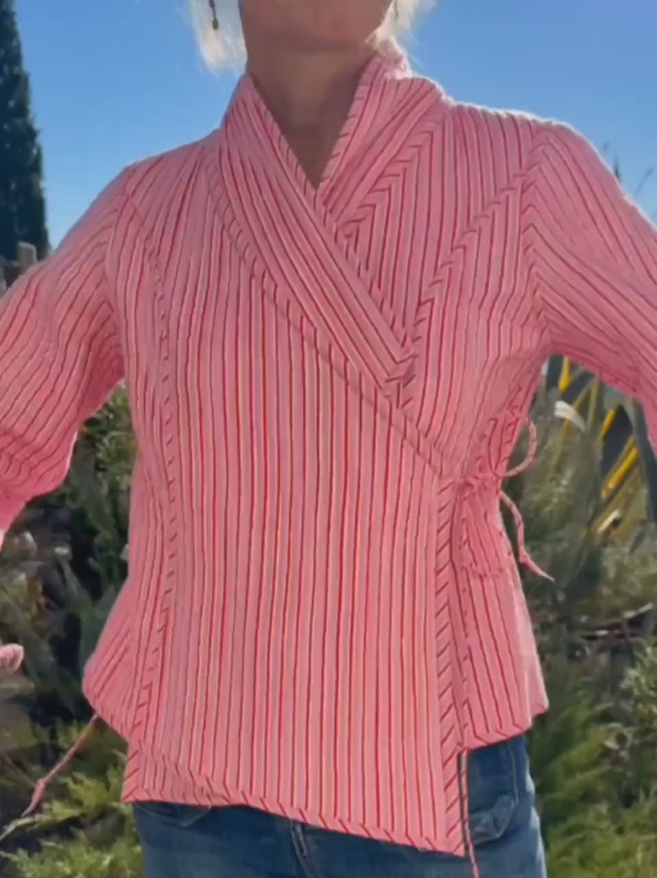 winter reversible crossed jacket in quilted cotton, grey and pink colors print and pink stripes,hippiechic crossed outerwear,flared sleeves