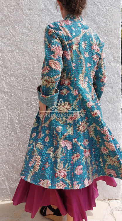 Teal frock coat with pink hydrangeas