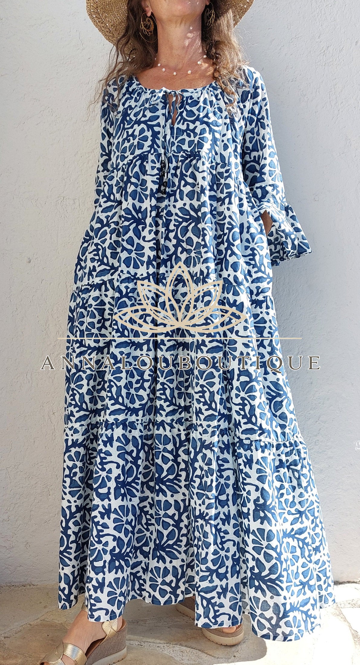 Boheme Chic Cotton Maxi Dress – Navy Blue Summer Outfit Annalou Design
