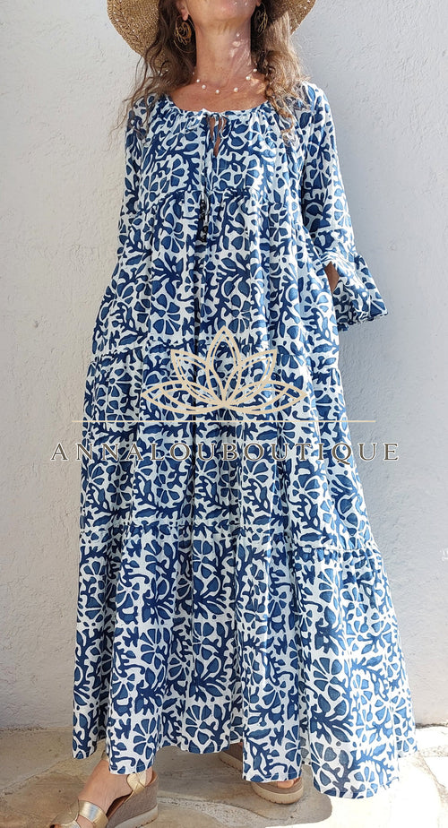 Boheme Chic Cotton Maxi Dress – Navy Blue Summer Outfit Annalou Design