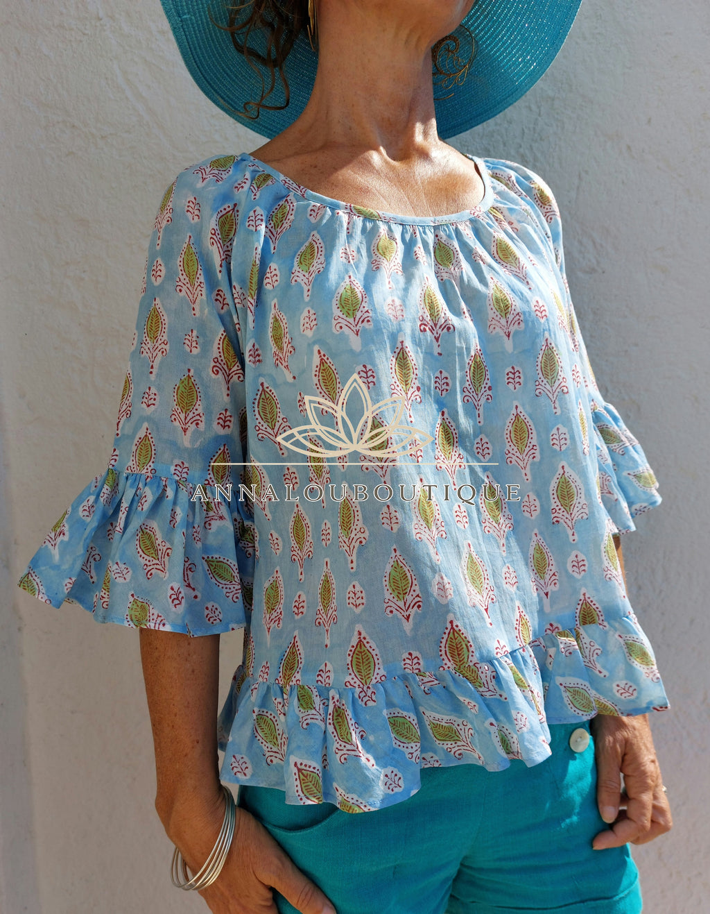 Soft Cotton Ruffled Top – Sky Blue Print Summer Blouse Annalou Design